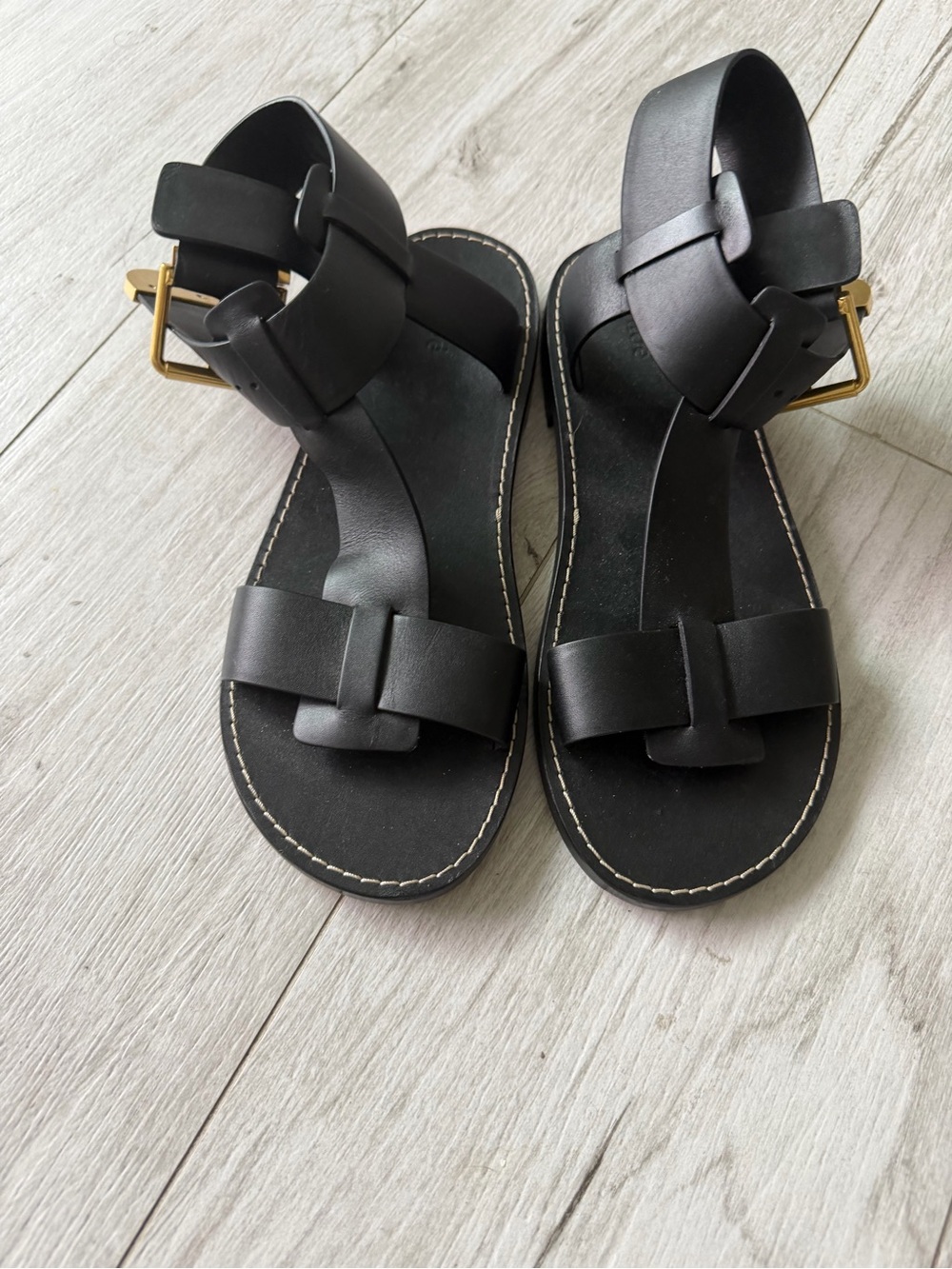 Chloe Black Leather Strap Sandals with Gold Buckle. Excellent condition.